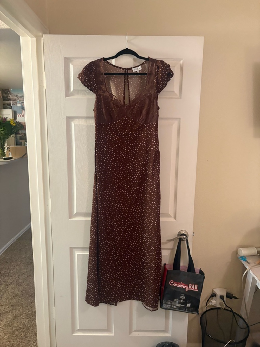 Sheer Polka Dot Maxi Dress in Brown